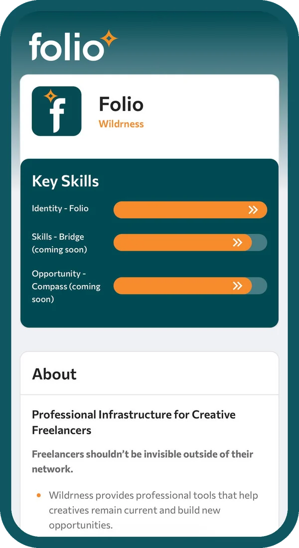 Wildrness's own Folio, showing key skills and an About section